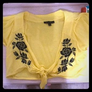 yellow flower embroidered tie shirt